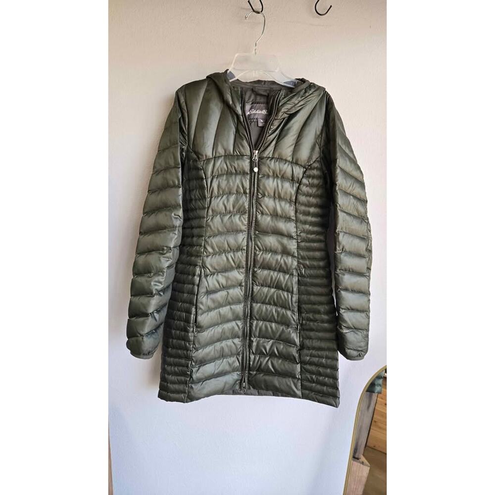 Eddie Bauer Long‎ Quilted Down Puffer Coat Parka Women's XS Olive Green Hooded